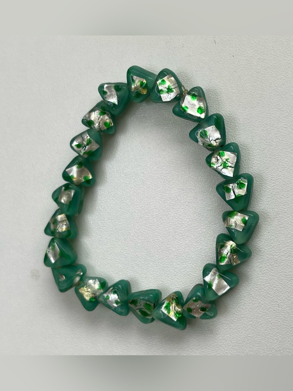 Glass Beaded Bracelet Green Triangular Dichroic Fused Foil Stretch